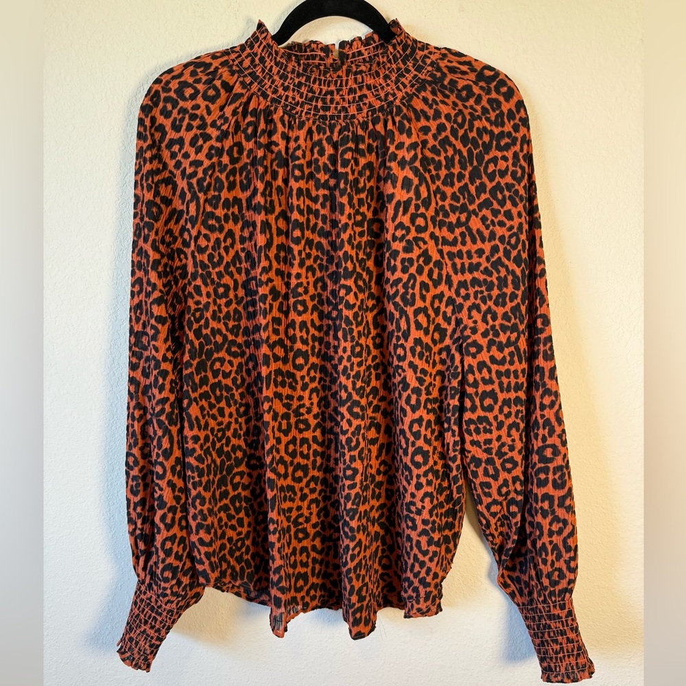 LOFT Orange & Black Leopard Print Blouse XXL Smocked Neck Long Sleeve NWT